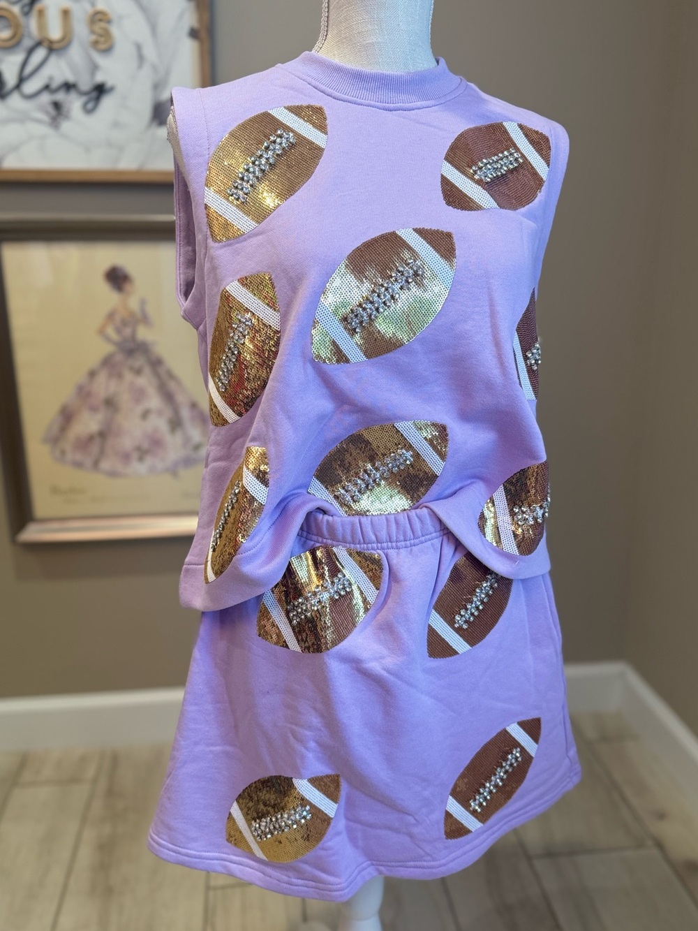 QUEEN OF SPARKLES Lavender Mini Skirt Set with Gold Sequin Footballs